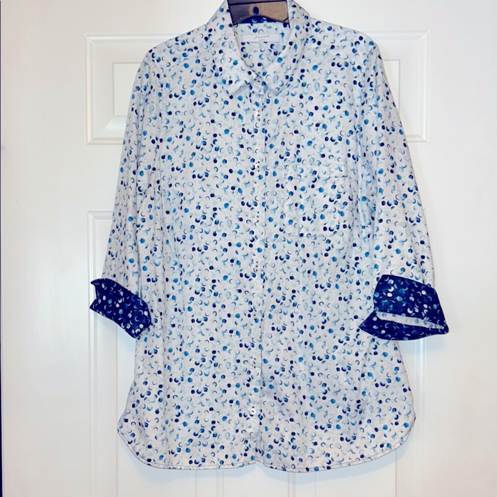 Foxcroft Womens Germaine Cotton Button-Up Shirt 14 Bubble Dots 3/4 Sleeve - Picture 2 of 15